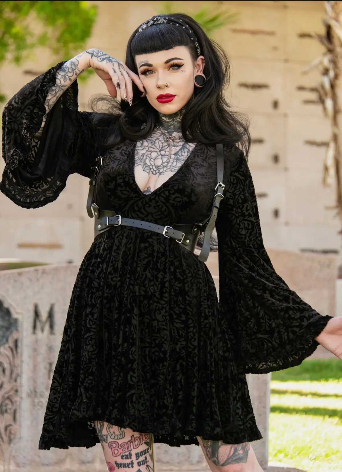 Nyx - Bell Sleeved Velvet Damask Dress With Harness 1