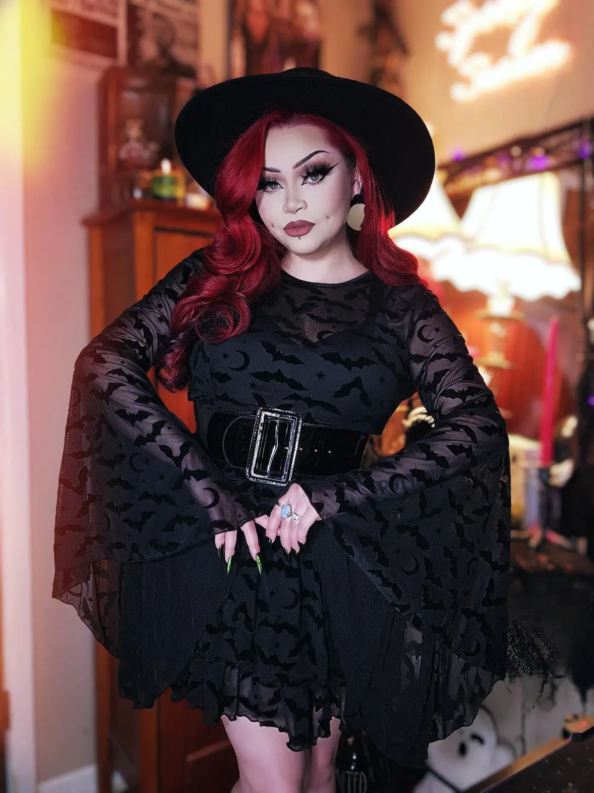 Dracuella - Velvet Bats Flocked Mini Dress With Witchy Bell Sleeves 1