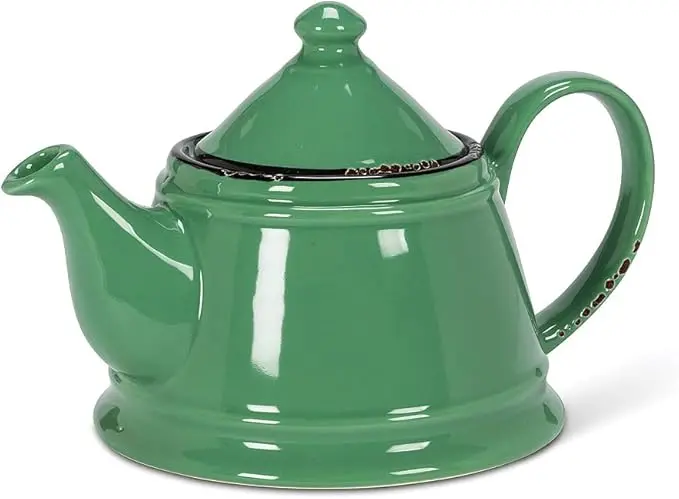 Enamel Teapot - Stoneware Teapot - Forest Green, 32Oz (9" L) 1