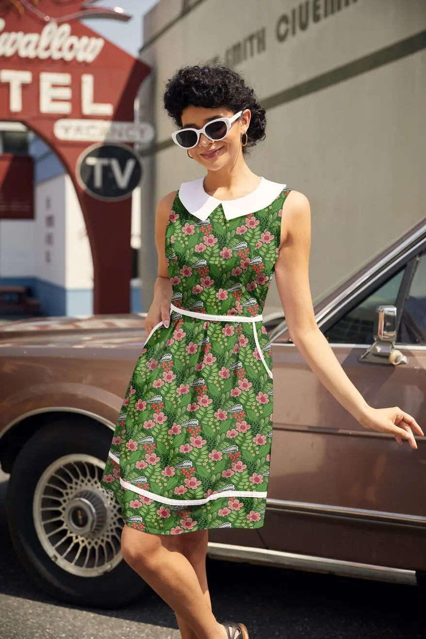 Retro Mod Collared Dress Flowers Print 1