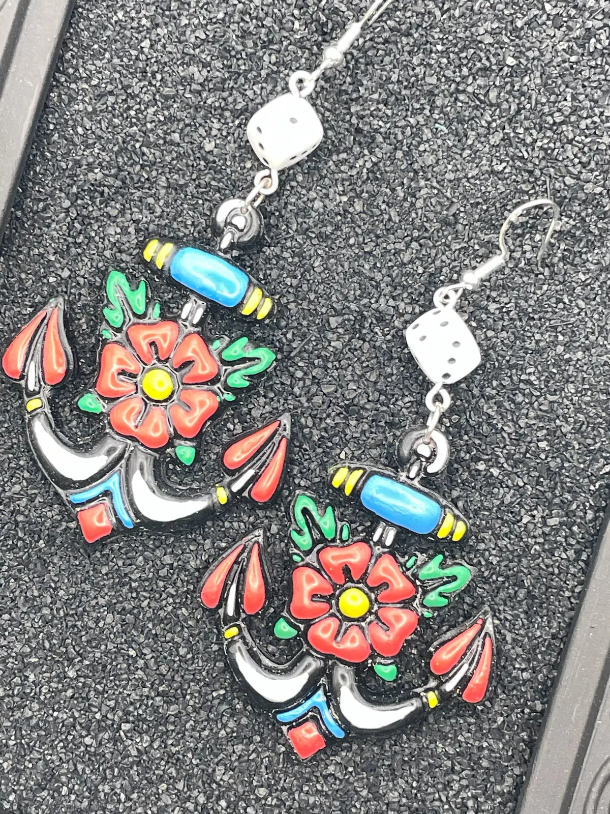 Tattoo - Anchor Earrings With Dice: Handmade, Hand-Painted Polymer Clay 1
