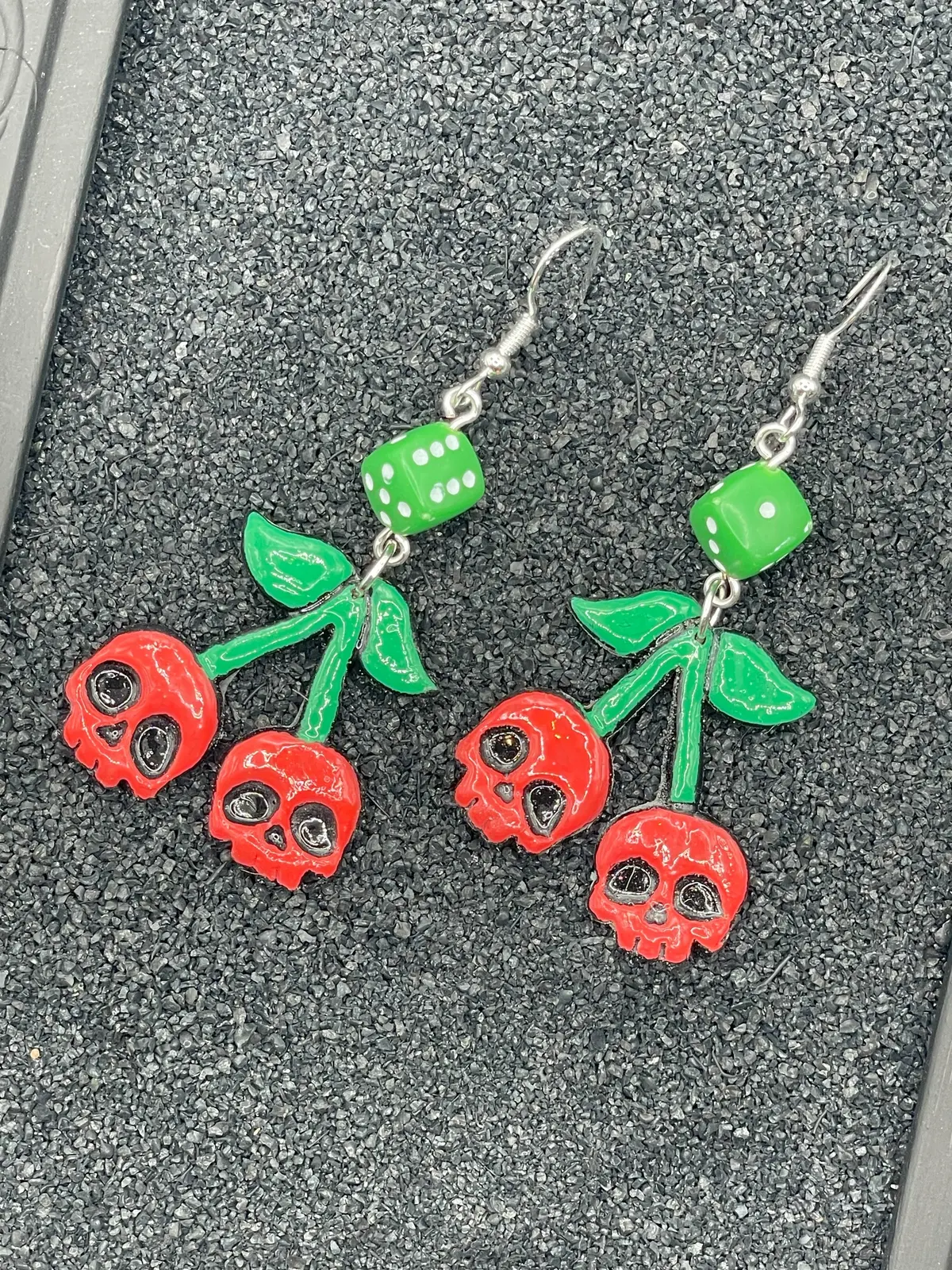 Tattoo - Cherry Skull Earrings With Dice: Handmade Polymer Clay 1