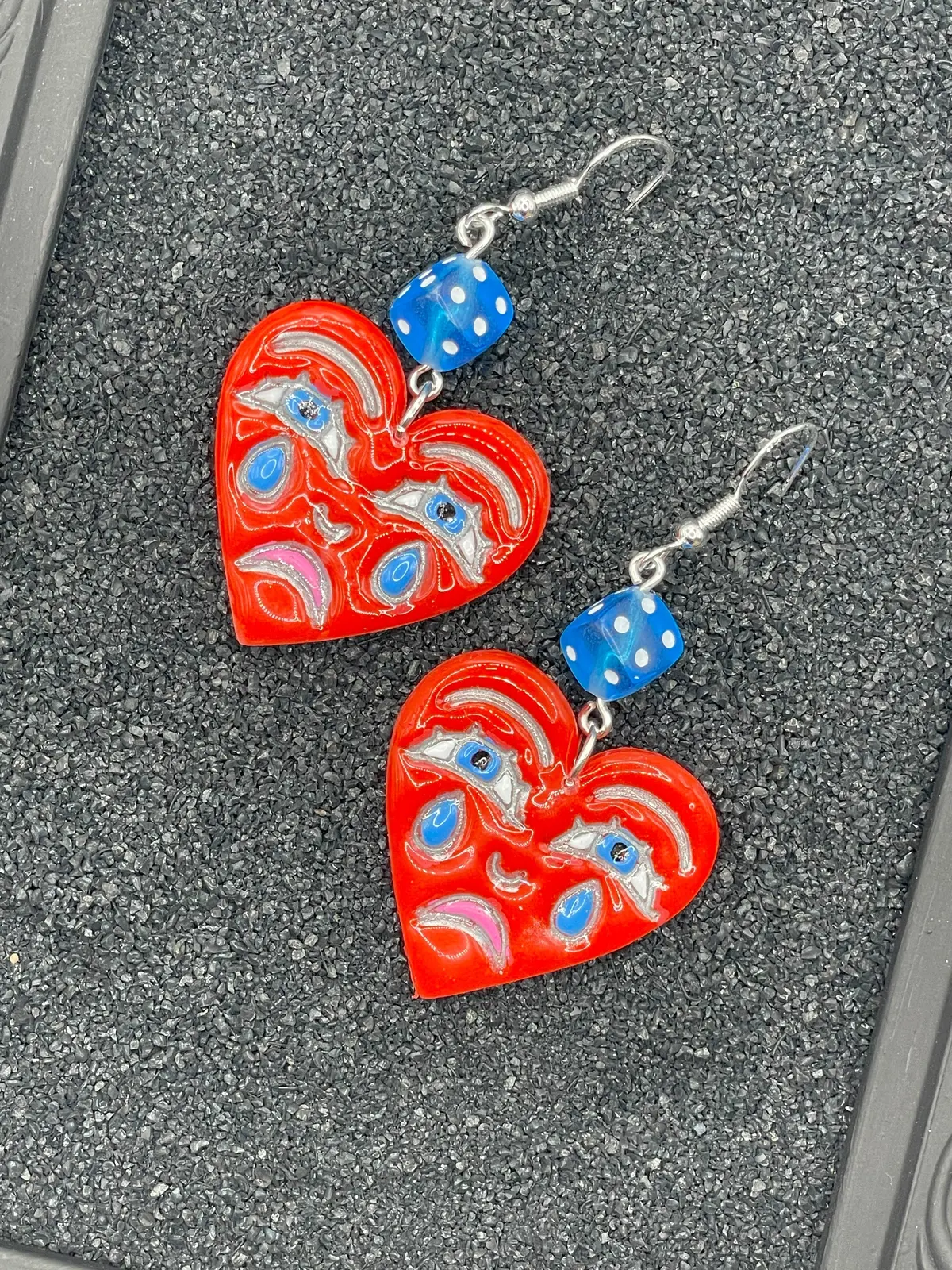 Tattoo - Crying Heart Earrings With Dice: Handmade Polymer Clay 1