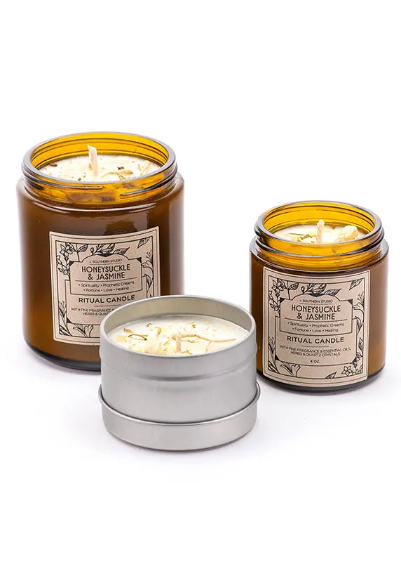 Honeysuckle Jasmine Ritual Candle With Quartz And Herbs 1