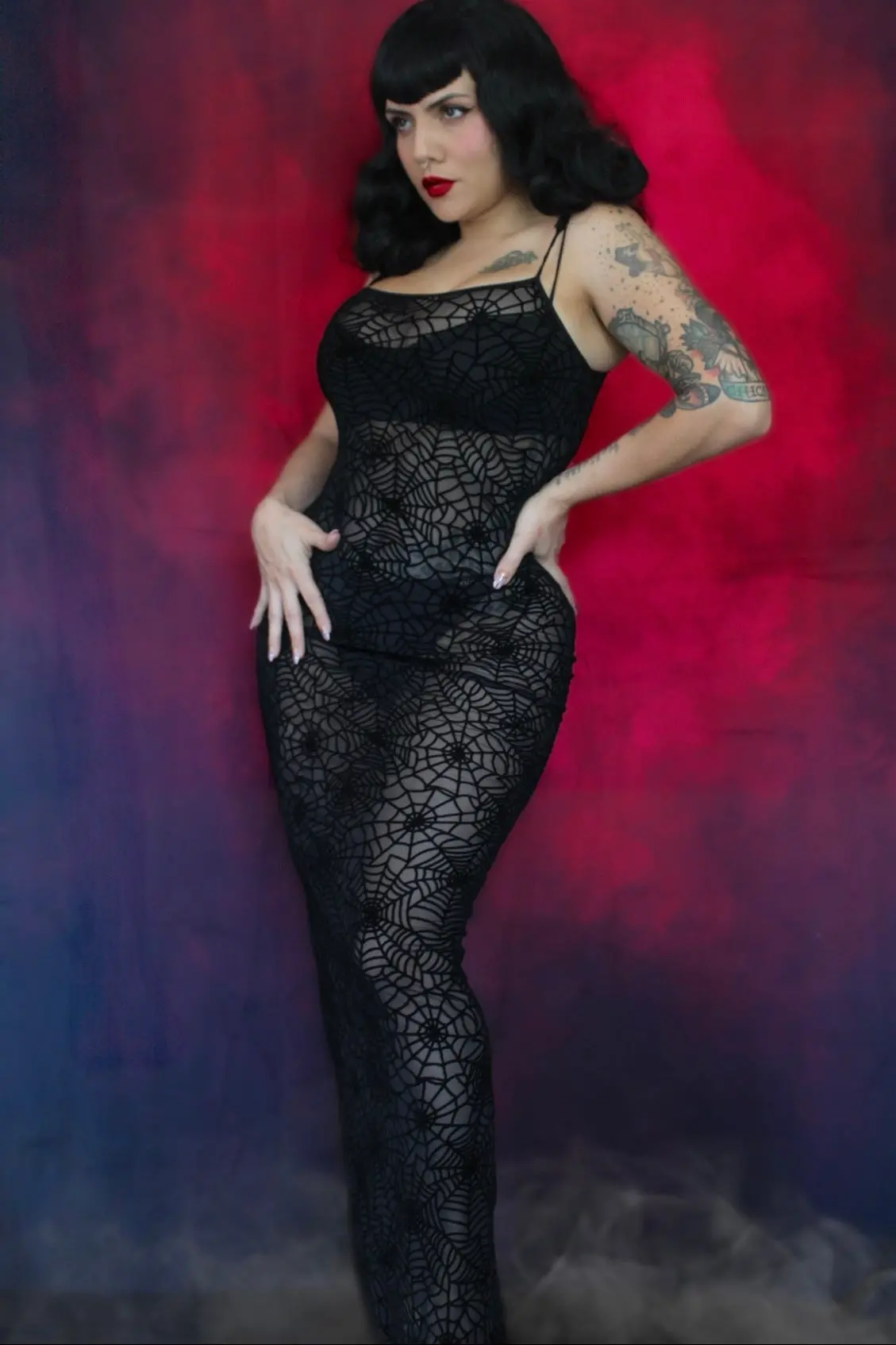 Sheer Hourglass Maxi Dress - Velvet Flocked Spider Webs 1