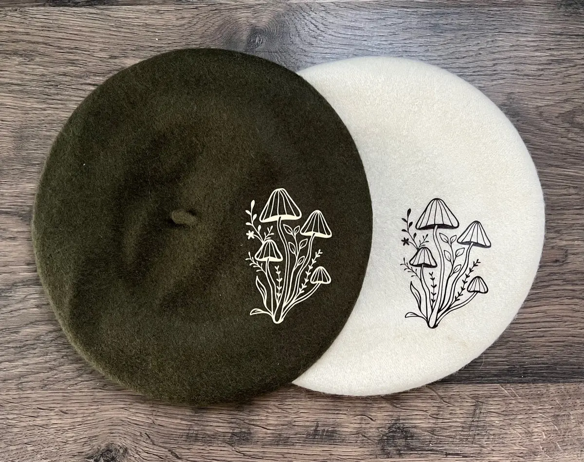 Vegan Felt Beret - Olive Or Cream - Mushrooms 1