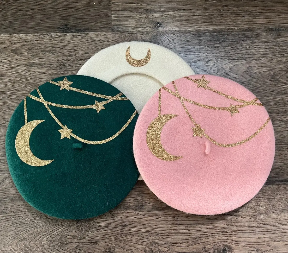 Vegan Felt Beret - Gold - Hanging Moon And Stars 1