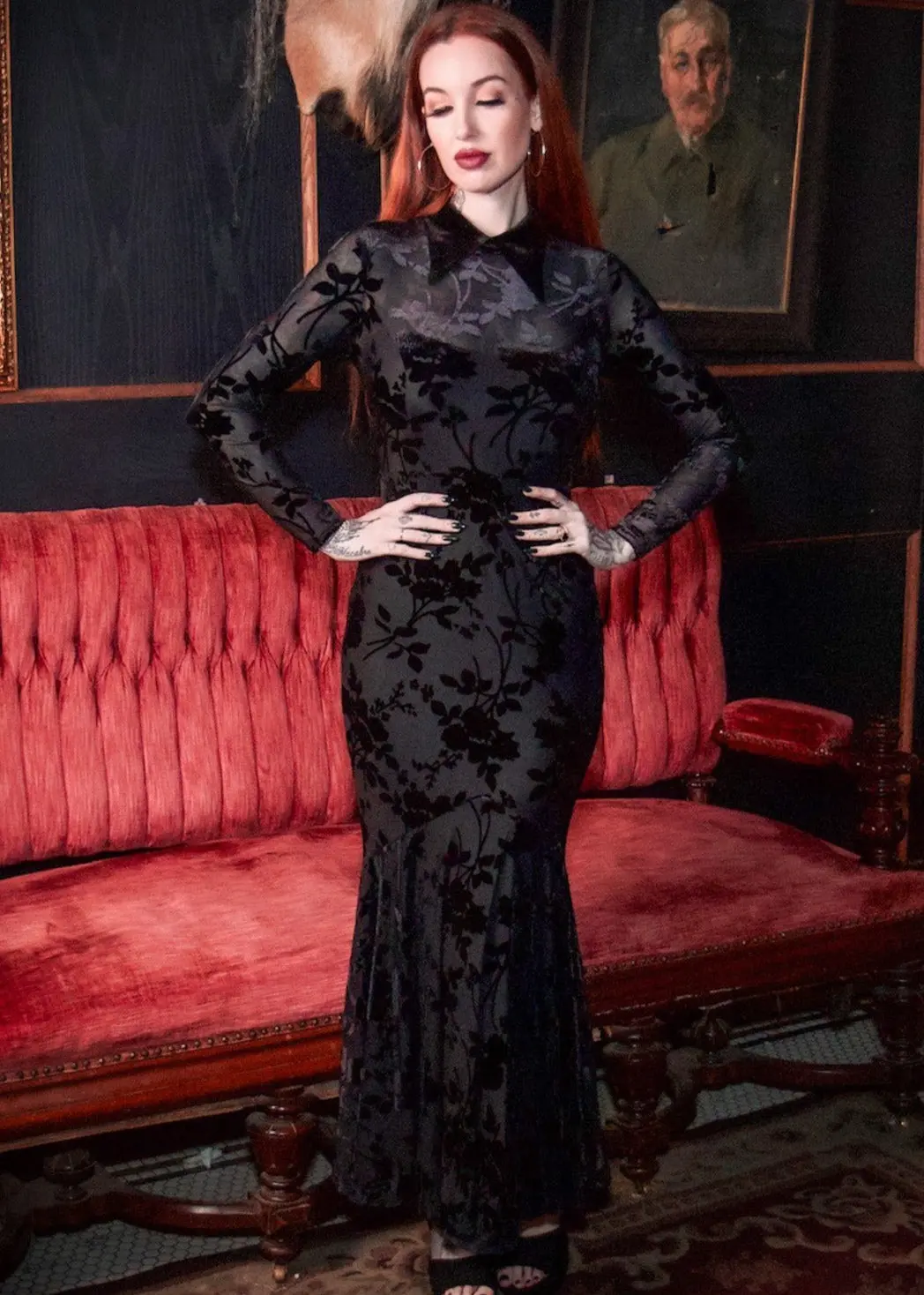 Ophelia - Velvet Flocked Lace Up Maxi Mermaid Dress 1