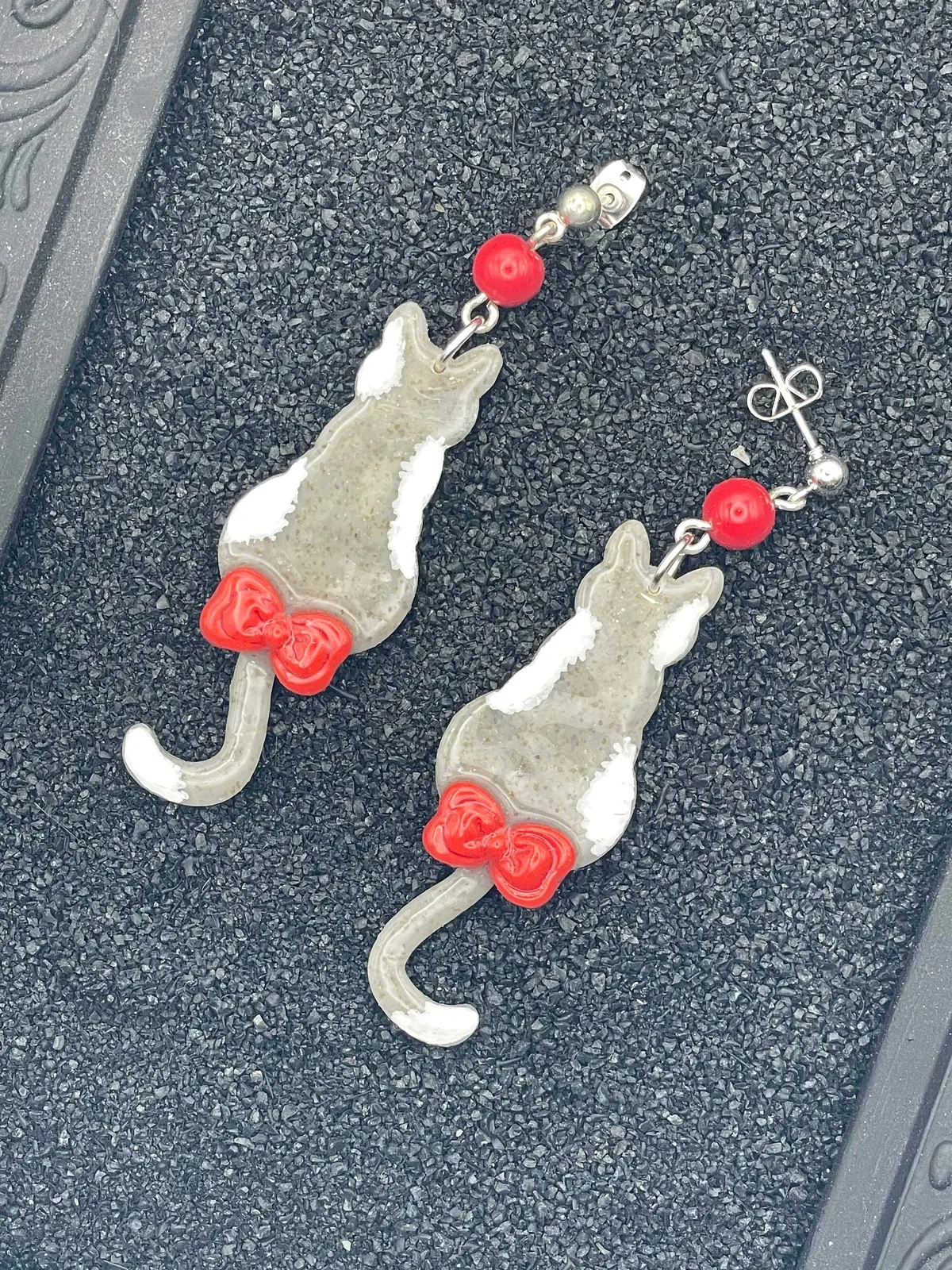 Cat Lover - Grey Kitty With Red Bow Earrings: Handmade, Polymer Clay 1