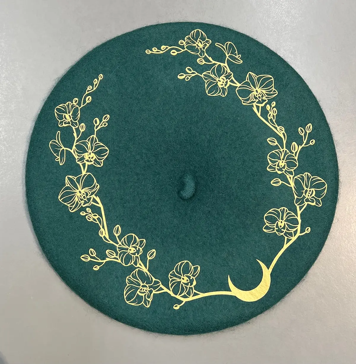 Vegan Felt Beret - Emerald - Orchids 1