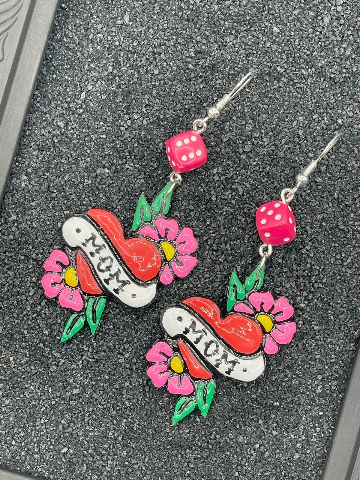Tattoo - Mom Heart Earrings With Dice Detail: Handmade Polymer Clay 1