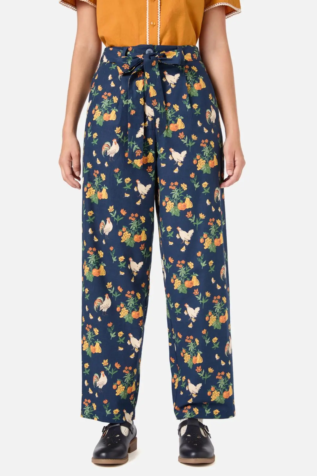 Chickens Print Tapered Cotton Pants 1