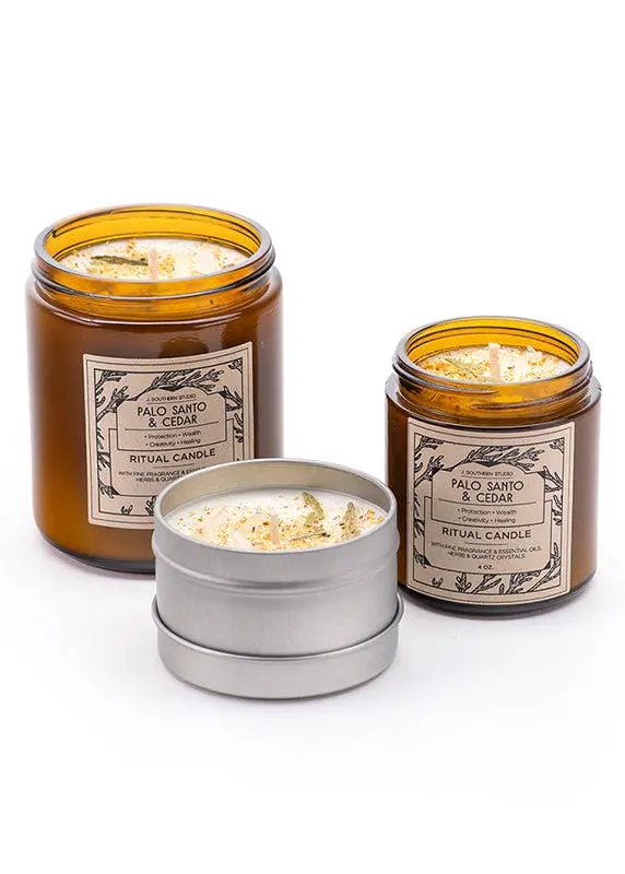 Palo Santo Cedar Ritual Candle With Quartz And Herbs 1