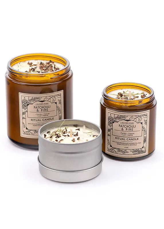 Patchouli & Pine Ritual Candle With Quartz And Herbs 1