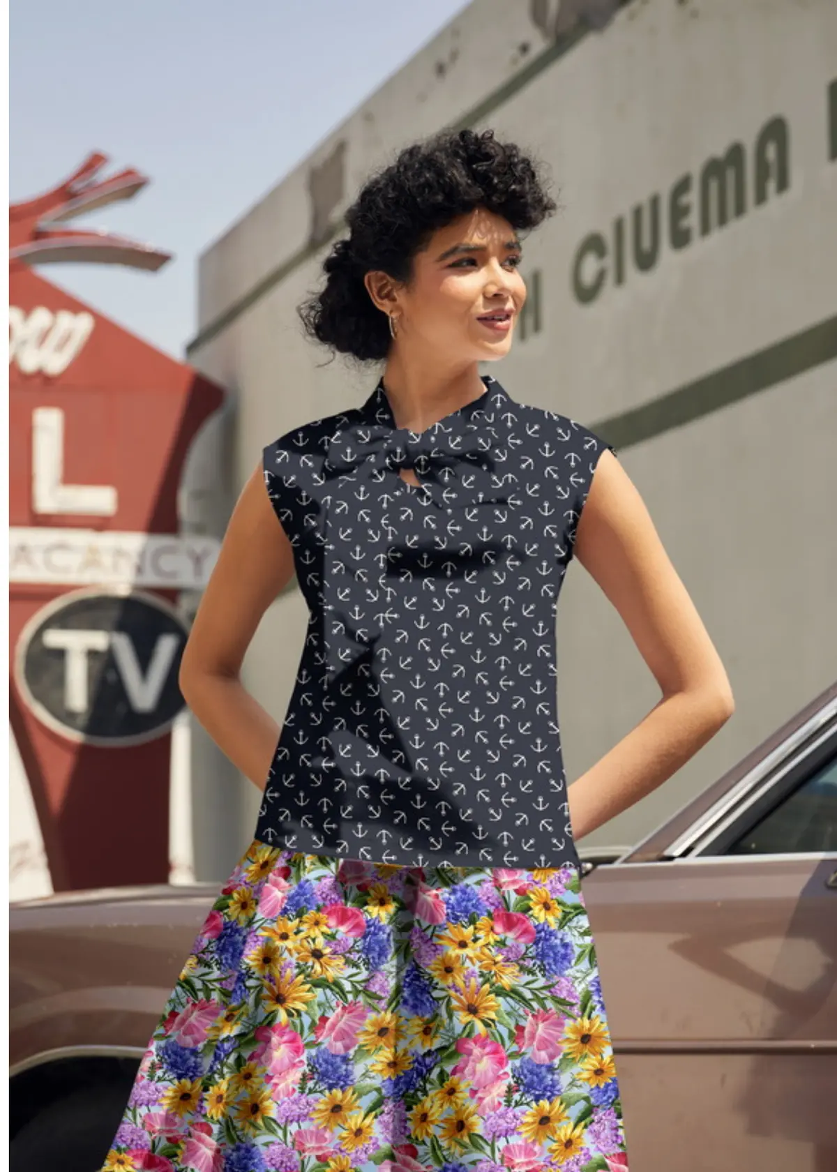Vintage Style Bow Top In Anchor Print 1