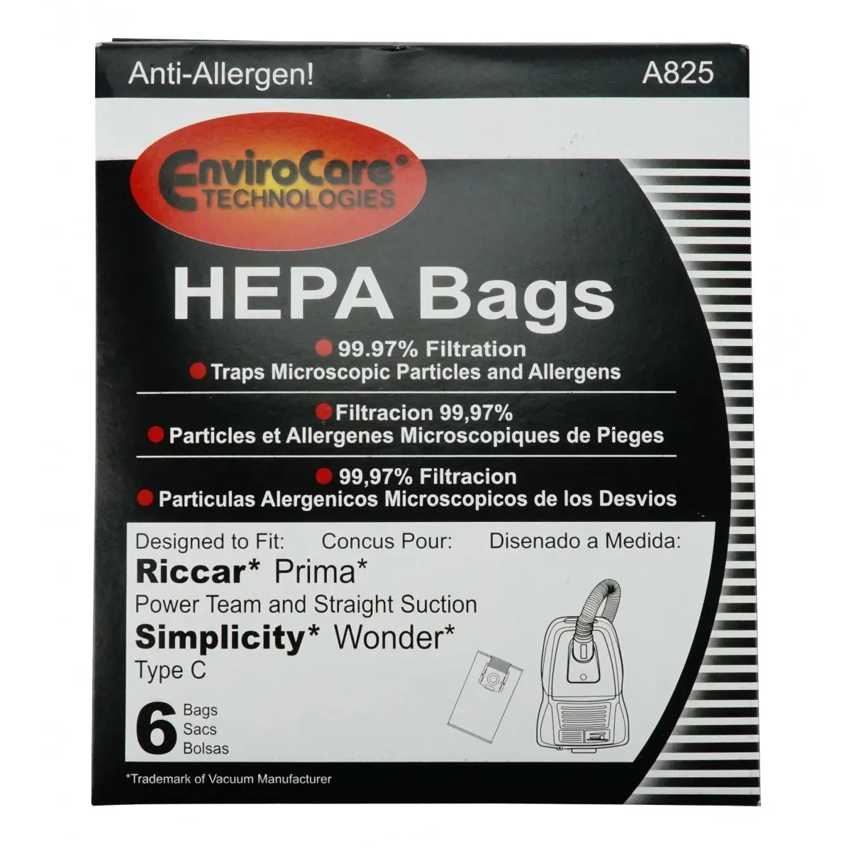 Hepa Microfiltation Bags For Riccar Prima & Simplicity Wonder Canister Vacuums - Pack Of 6 Bags - Envirocare A825 1
