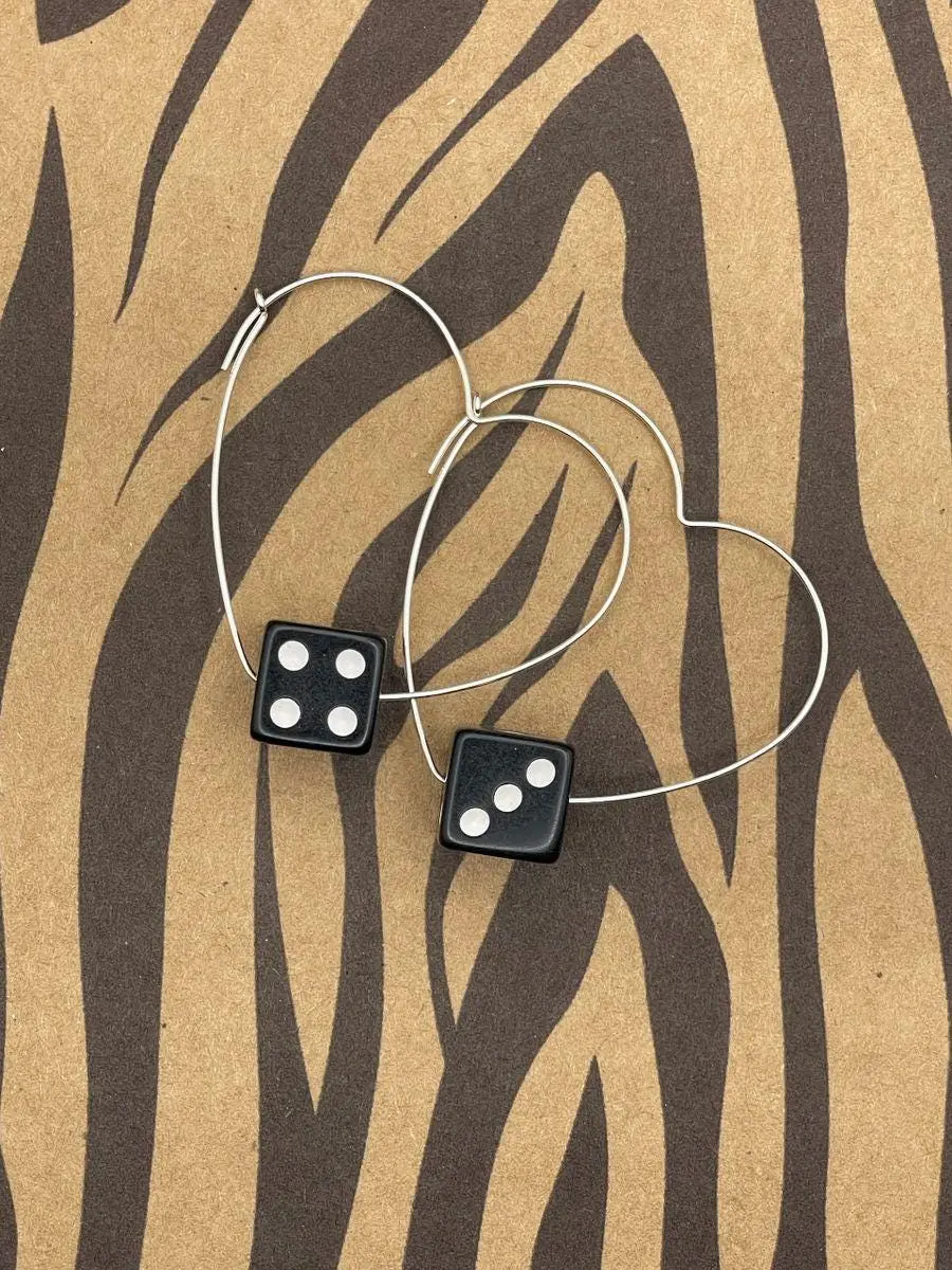 Zipper - Black Dice Sterling Silver Heart Hoops 1