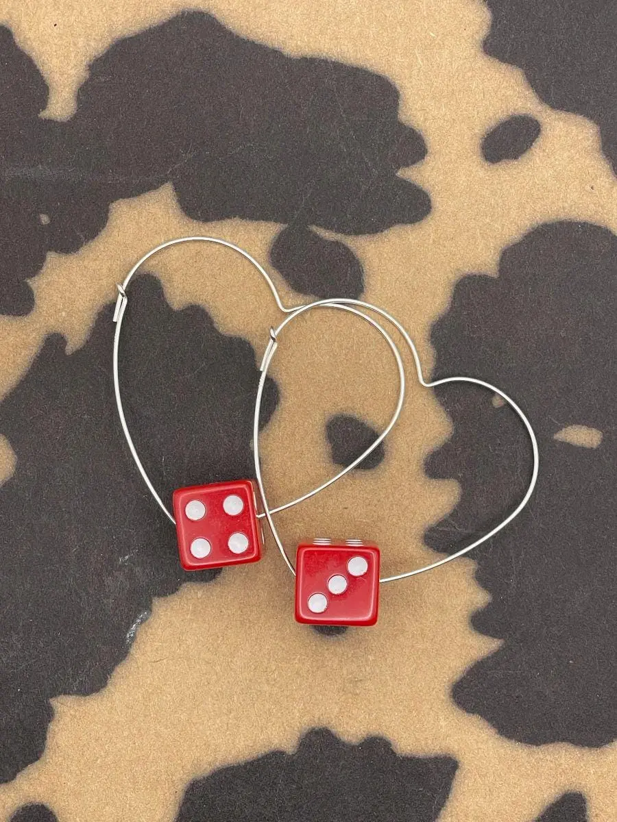 Zuri - Red Dice Sterling Silver Heart Hoops 1