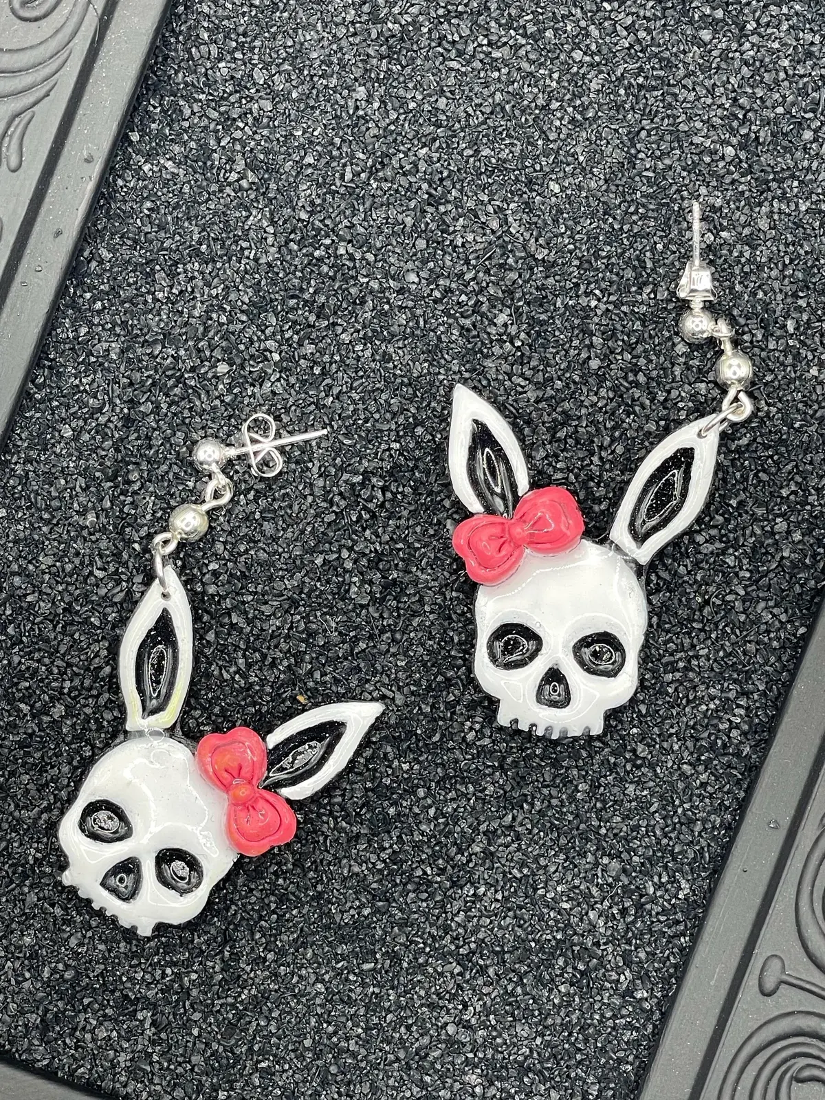 Tattoo - Skull Bunny Earrings: Handmade, Hand-Painted Polymer Clay 1