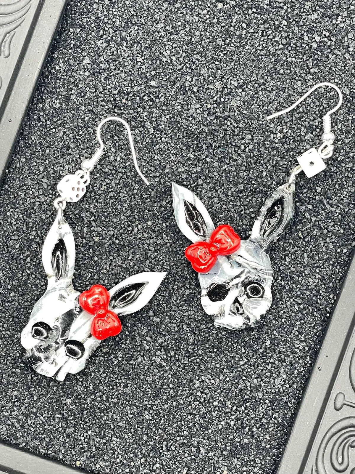 Tattoo - Marbled Skull Bunny Earrings With Bow And Mini Dice: Handmade Polymer Clay 1