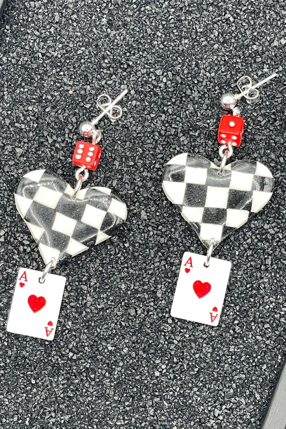 Vegas - Checkered Ace Of Hearts Earrings With Mini Dice: Handmade Polymer Clay 1