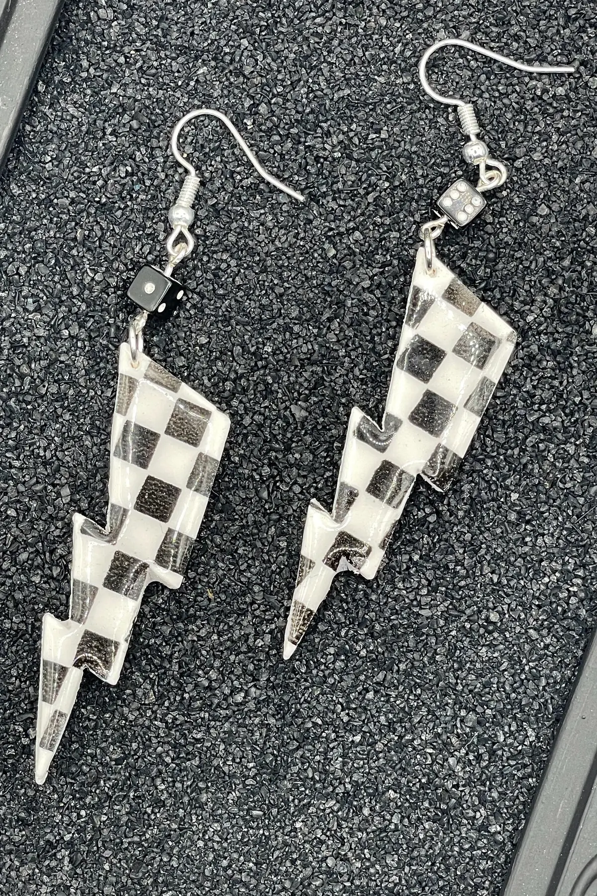 Vegas - Checkered Lightning Bolt Earrings With Mini Dice: Handmade Polymer Clay 1