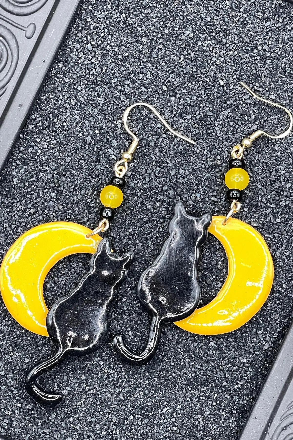 Salem - Black Cat Sitting On The Moon Earrings: Handmade Polymer Clay 1