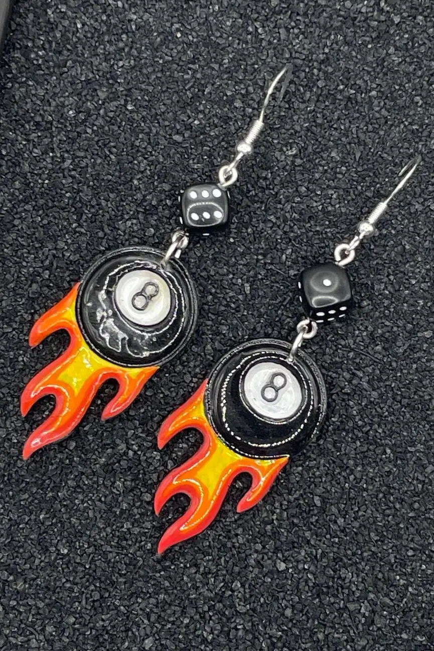 Tattoo - Flaming 8-Ball Tattoo Earrings With Dice Detail: Hand-Painted Polymer Clay 1