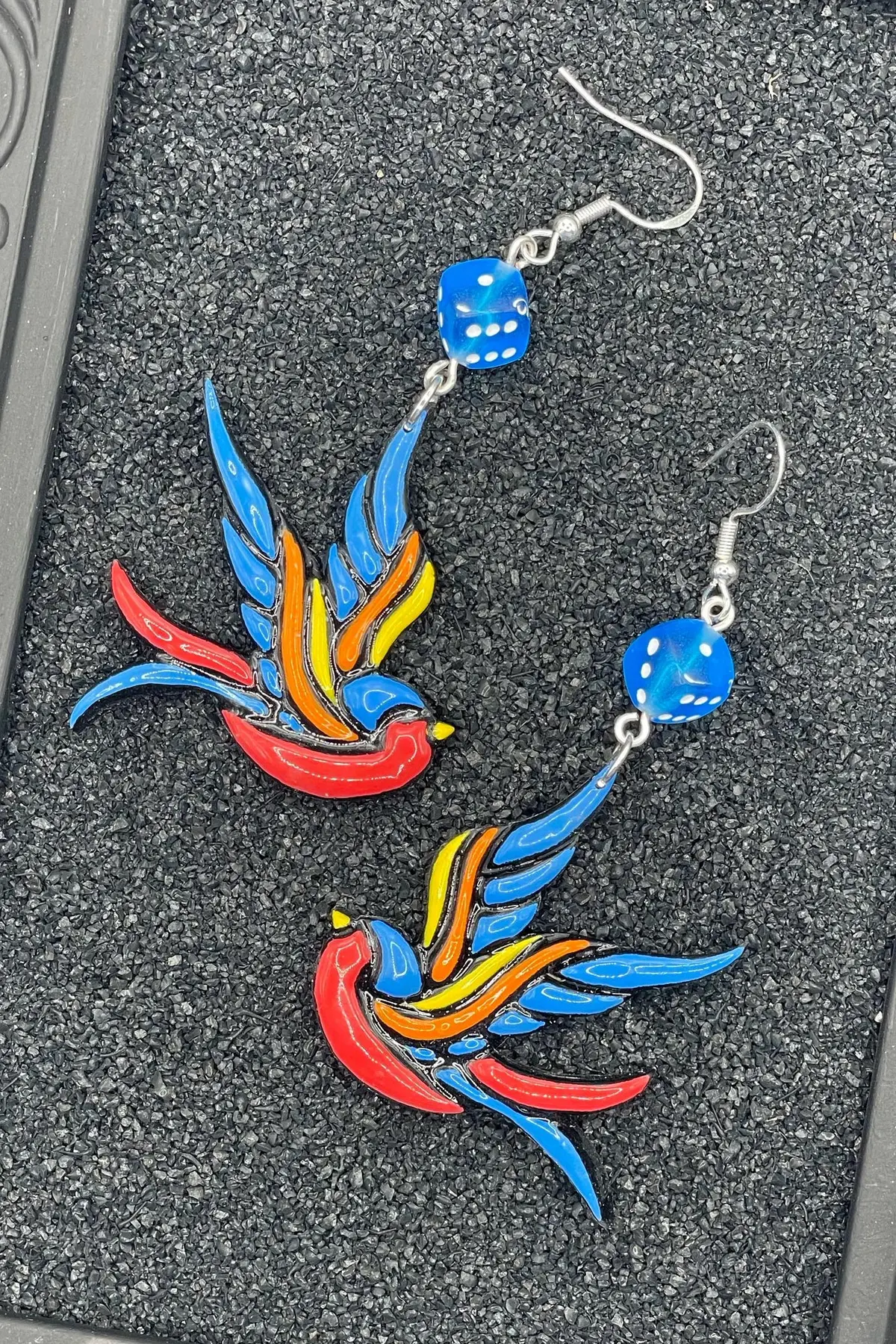 Tattoo - Swallow Earrings With Dice: Handmade, Hand-Painted Polymer Clay 1
