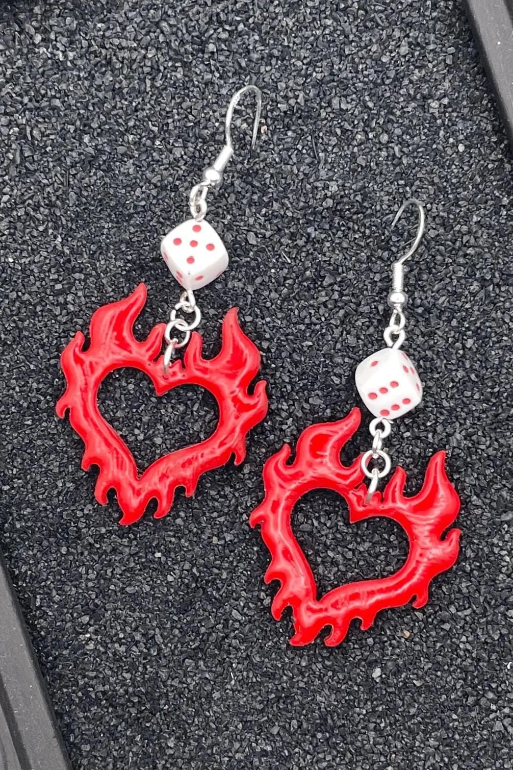 Tattoo - Flaming Heart Earrings With Dice Detail: Handmade, Polymer Clay 1
