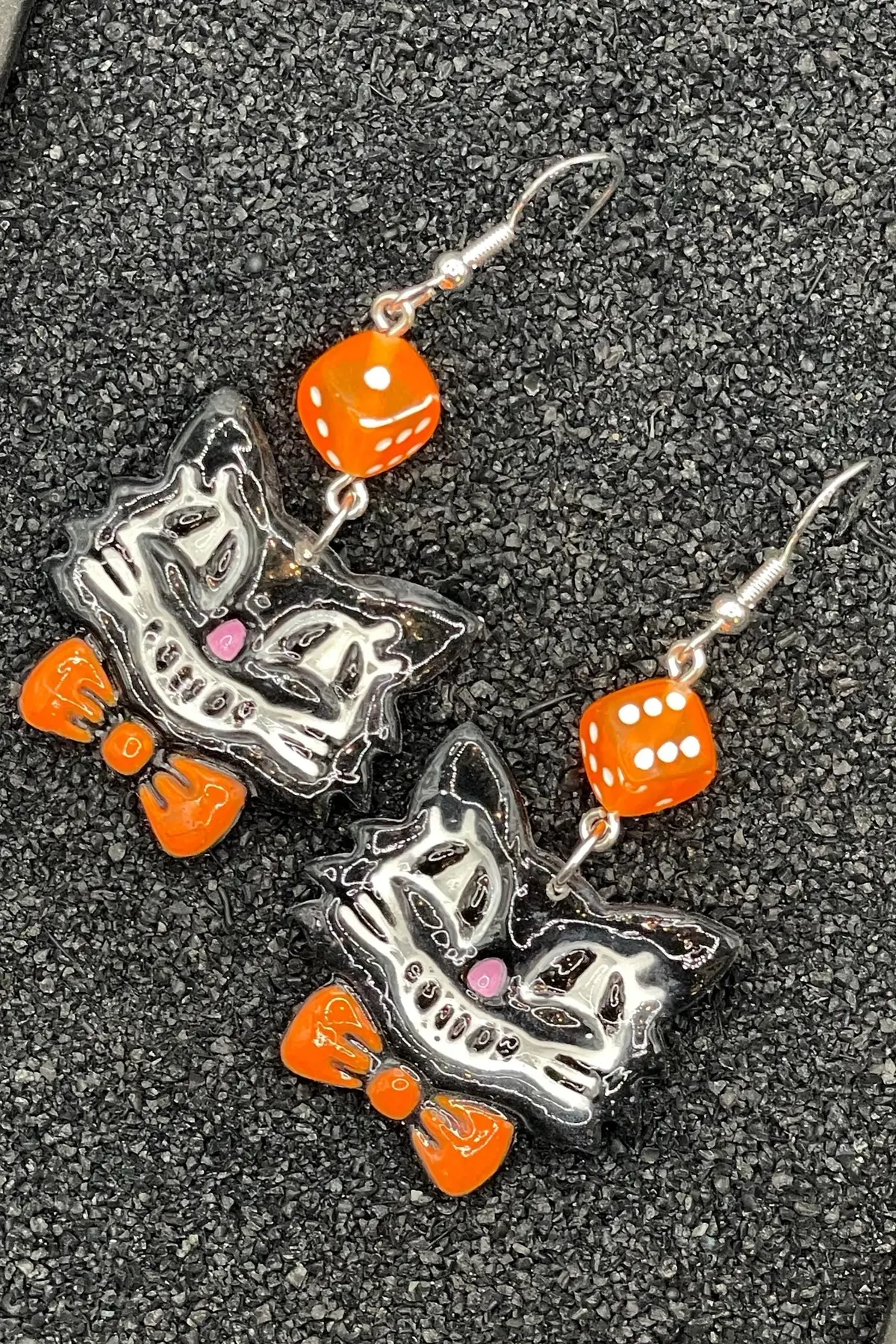 Cat Lover - Retro Kitty Earrings With Orange Bowtie And Dice: Handmade Polymer Clay 1