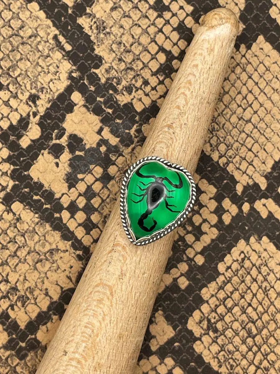 Wild - Black Scorpion In Green Resin Heart Ring 1