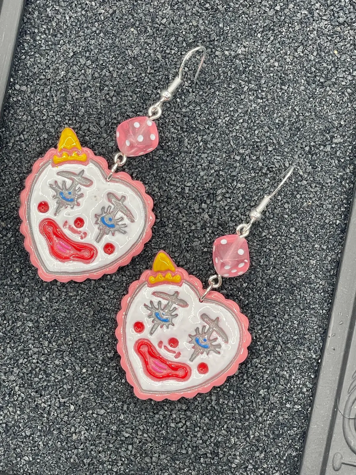 Tattoo - Clown Heart Earrings With Dice Detail: Handmade, Hand-Painted Polymer Clay 1