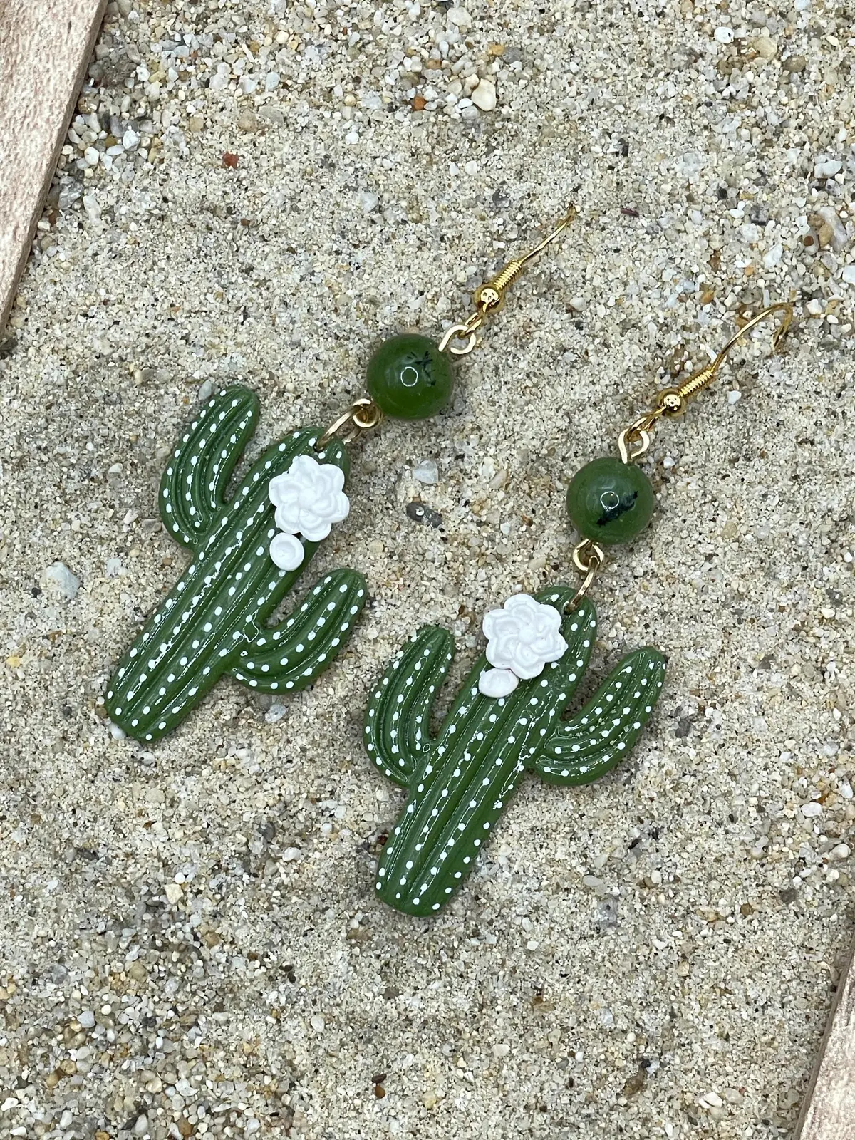 Joshua Tree - Saguaro Cactus With Jade Bead Earrings: Handmade Polymer Clay 1