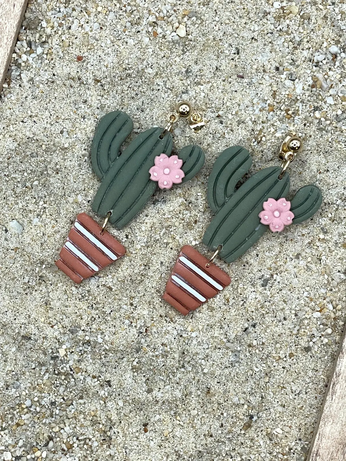 Joshua Tree - Candle Cactus With Pink Flower Earrings: Handmade Polymer Clay 1
