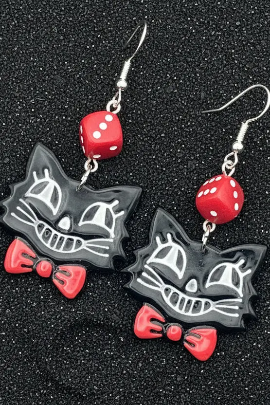 Cat Lover - Retro Kitty Earrings With Red Dice Detail: Handmade Polymer Clay 1