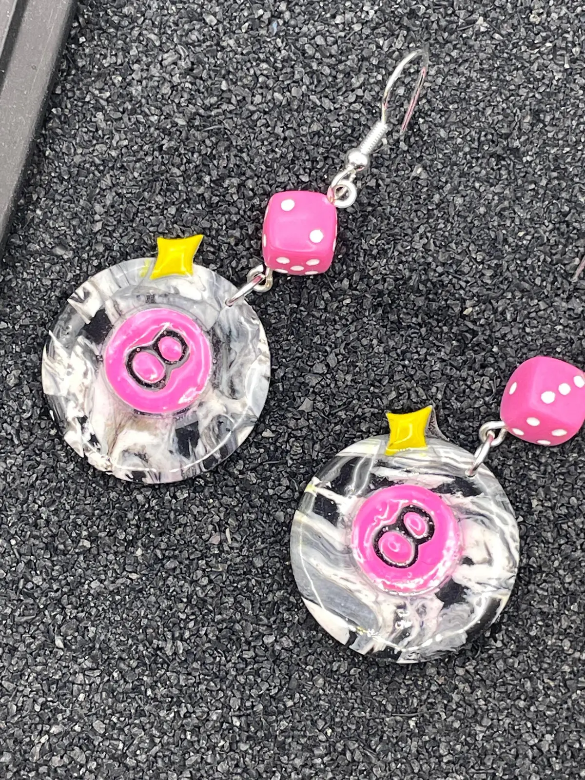 Tattoo - 8-Ball Earrings With Pink Dice: Hand-Painted Polymer Clay 1