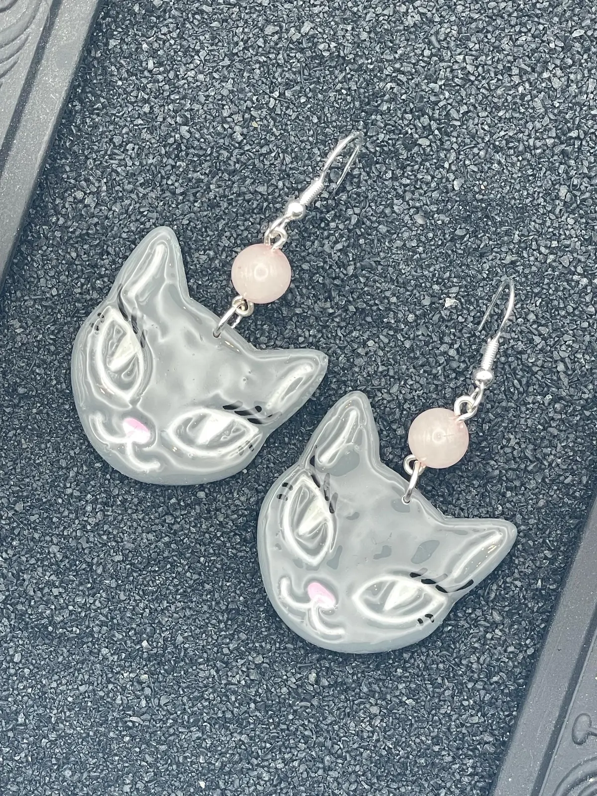 Cat Lover - Grey Kitty With Rose Quartz Beads Earrings: Hand-Painted Polymer Clay 1