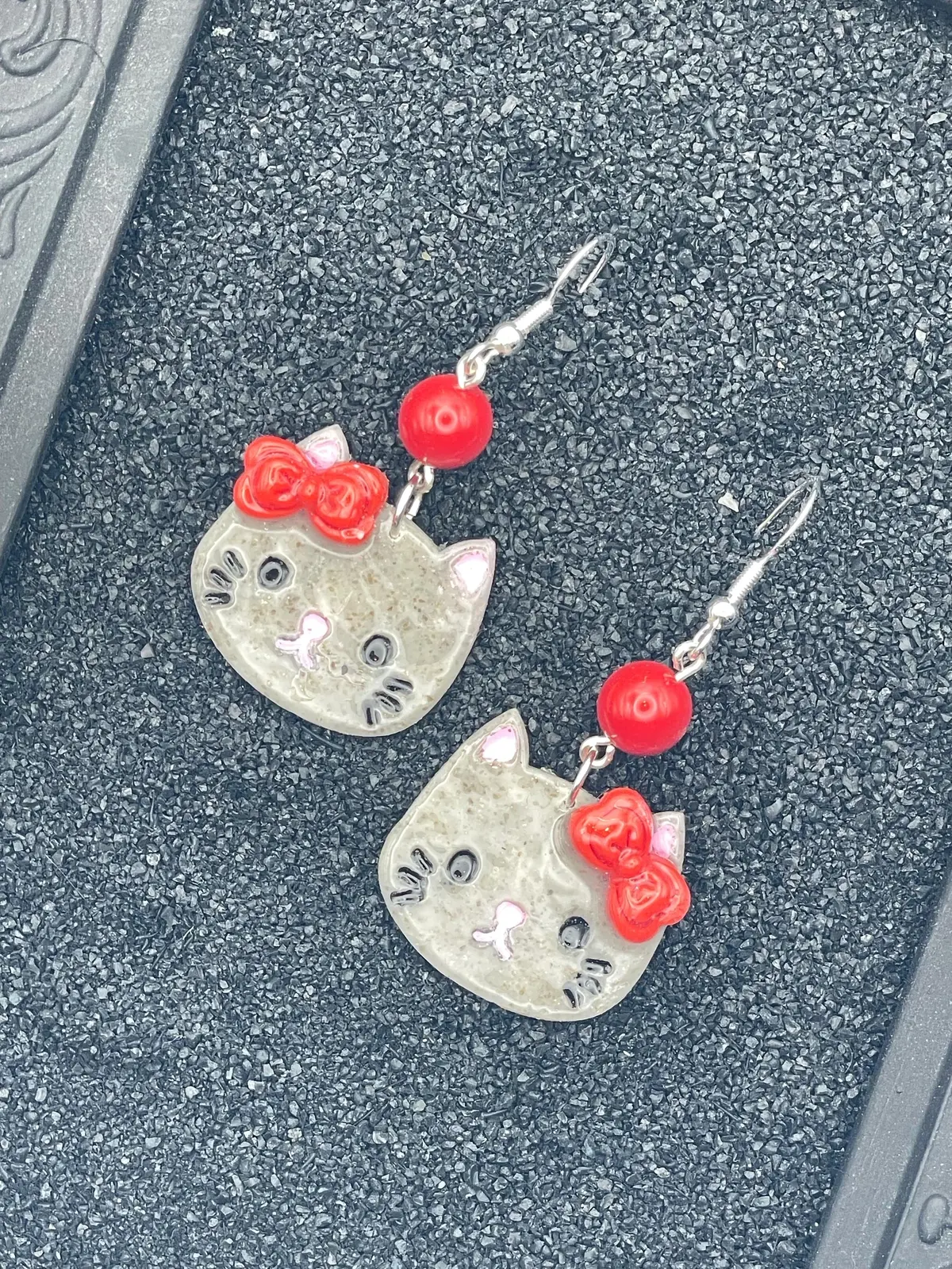 Cat Lover - Grey Cute Kitty With Red Jade Beads Earrings: Handmade Polymer Clay 1