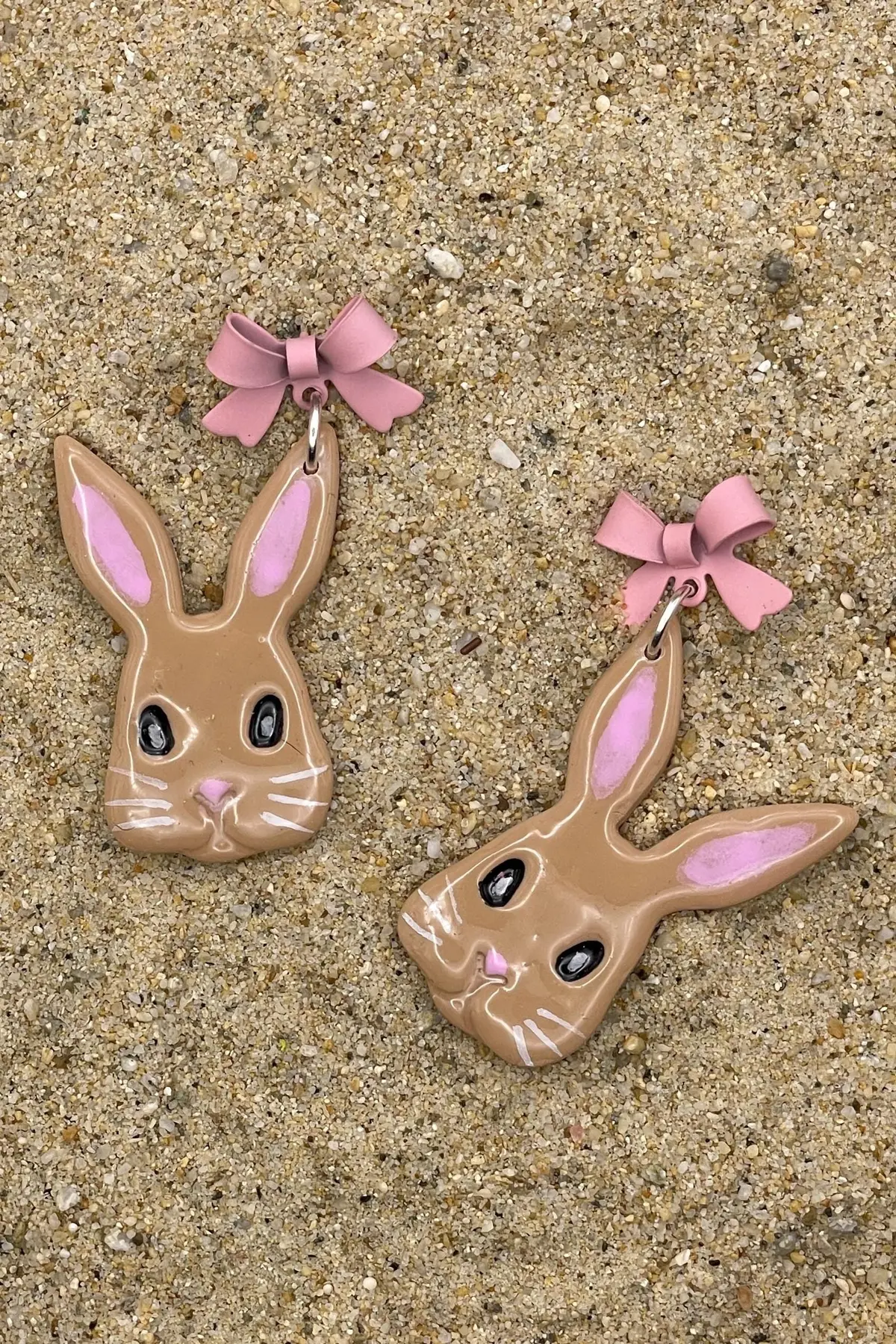 Bunny - Beige Rabbit Dangle Earrings With Pink Bows: Handmade Polymer Clay 1