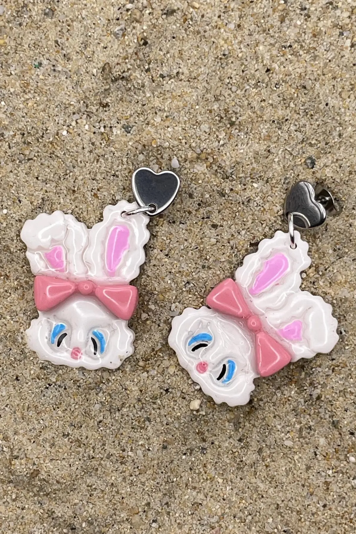 Bunny - White Fluffy Rabbit Earrings With Silver Hearts: Handmade Polymer Clay 1