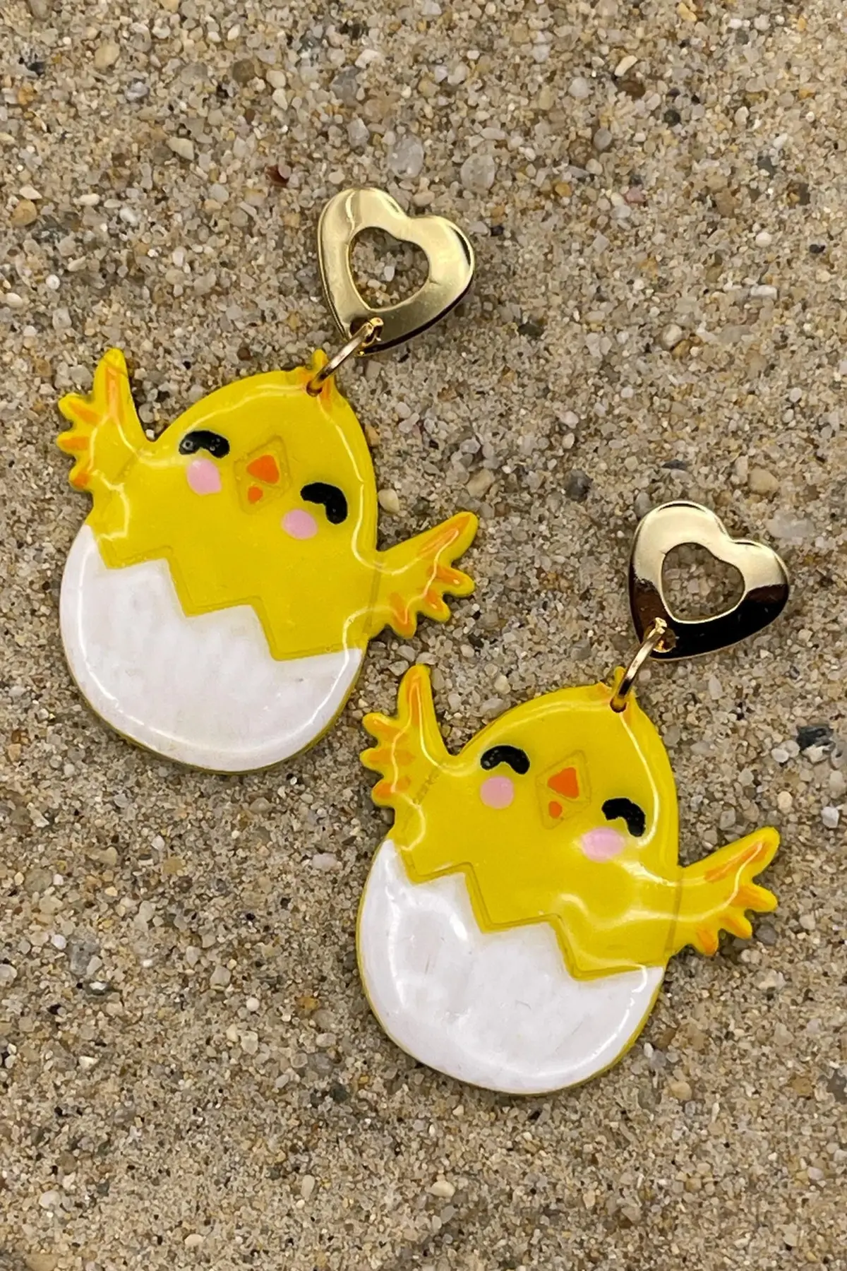 Chick - Baby Chickie Earrings With Hearts: Handmade Polymer Clay 1