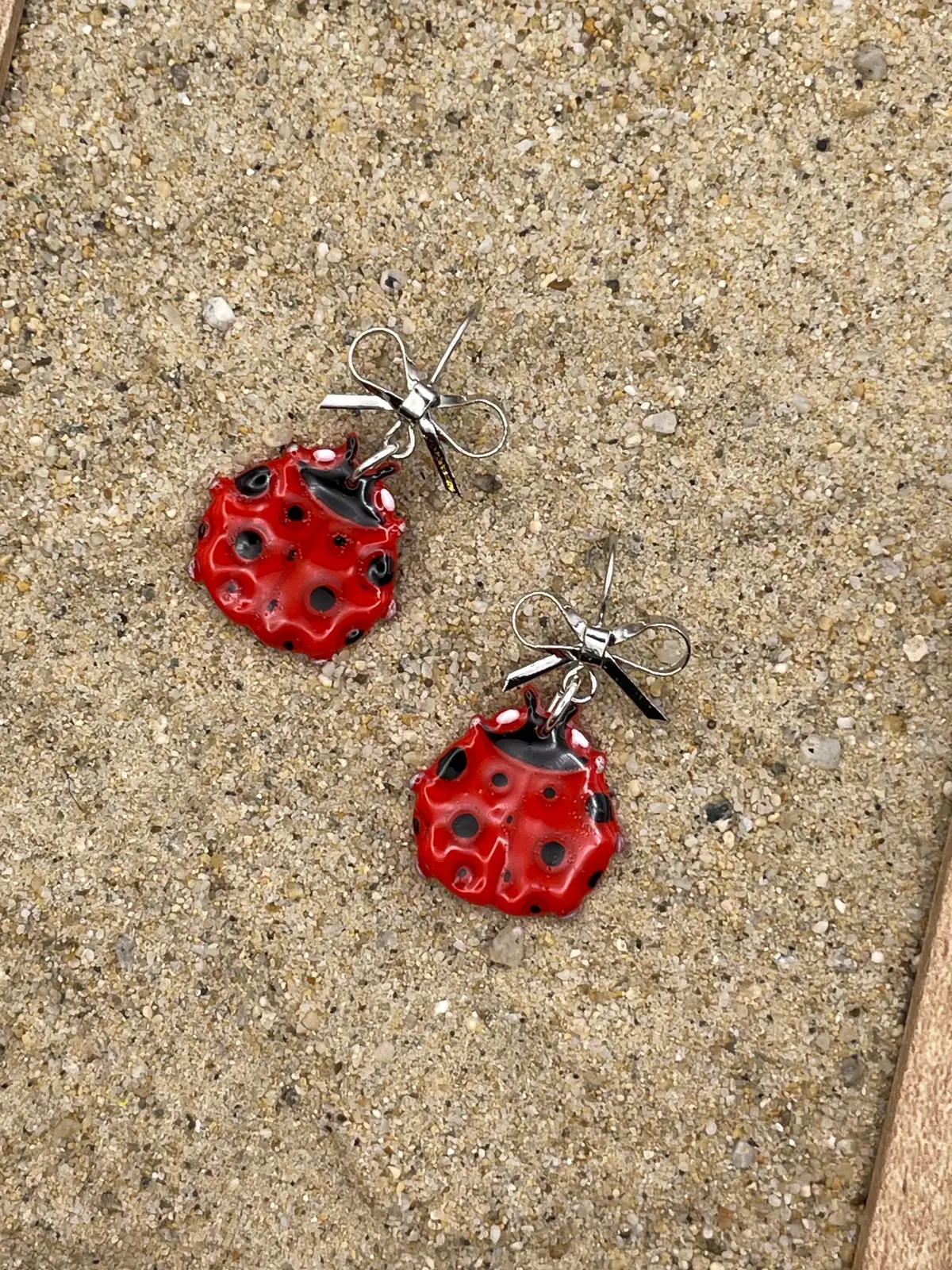 Lucky - Ladybug Earrings With Silver Bow Detail: Handmade Polymer Clay 1