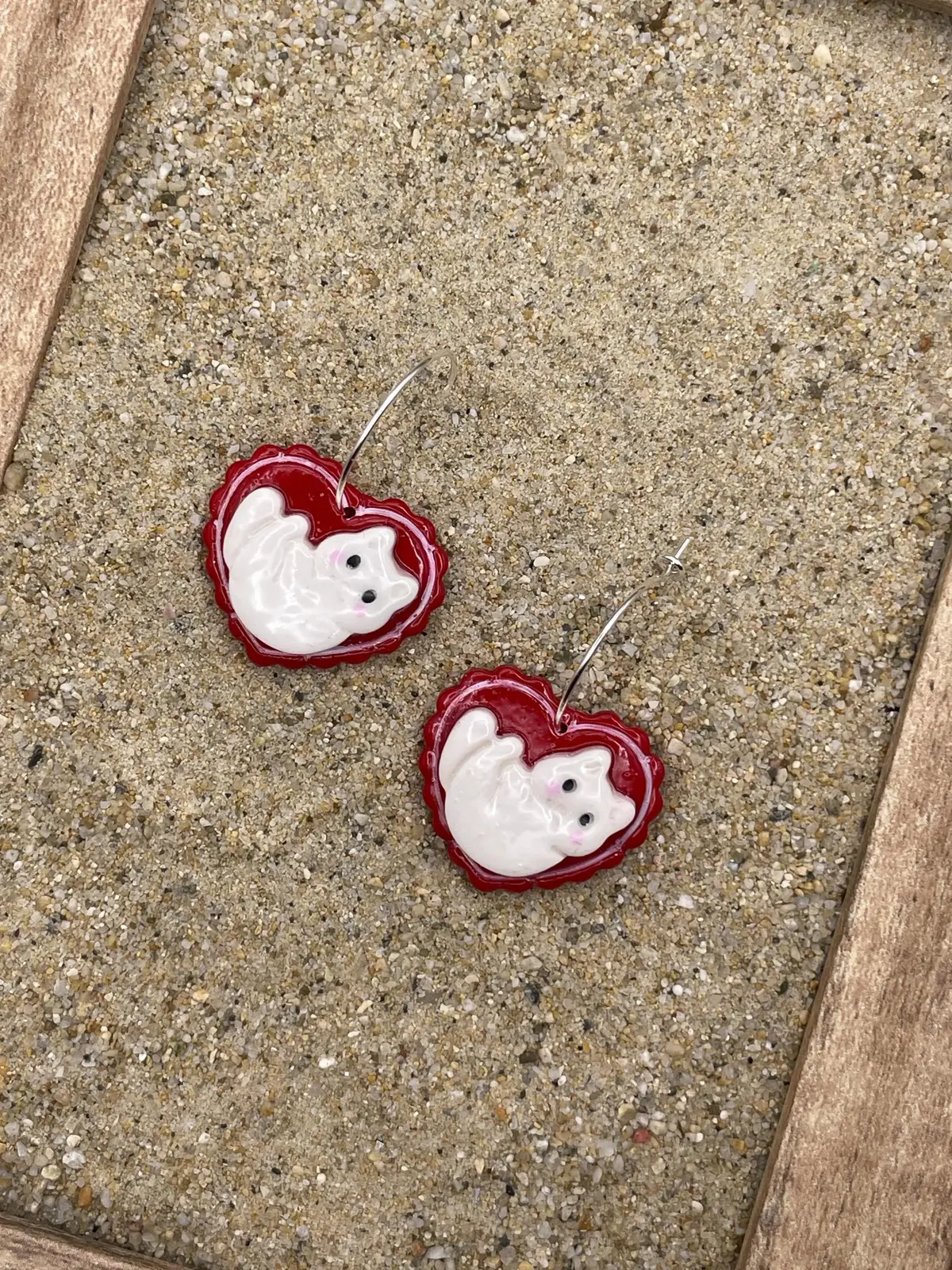 Cat Lover - Crazy Kitty Red Heart Hoop Earrings: Handmade Polymer Clay 1