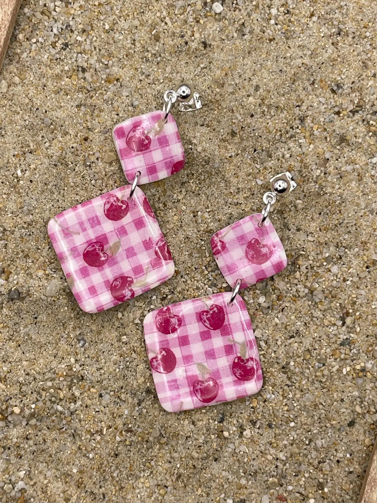 Tutti Frutti - Cherry Gingham Printed Dangle Earrings: Handmade Polymer Clay 1