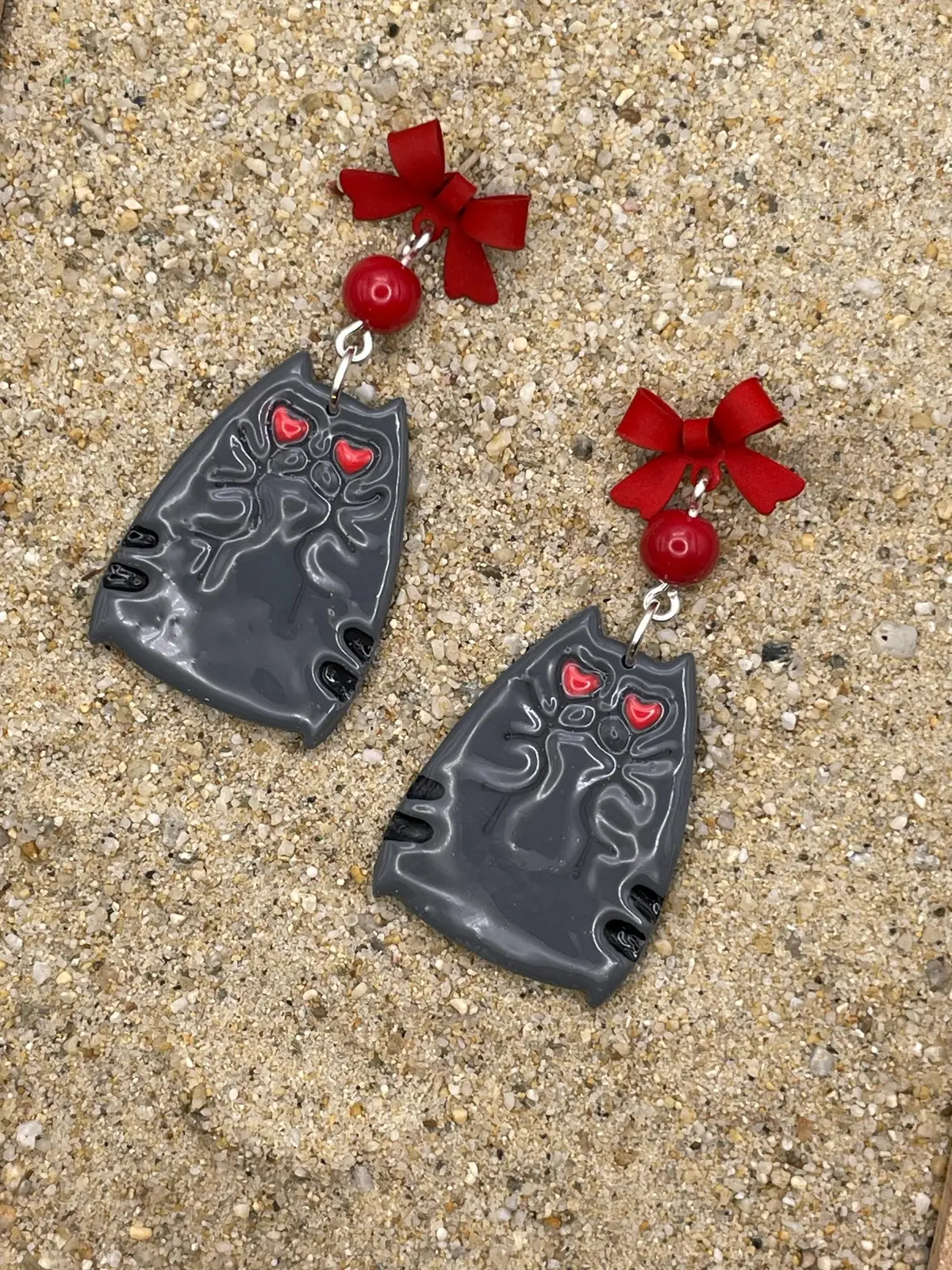 Cat Lover - Grey Kitty Earrings With Red Bow Detail: Handmade Polymer Clay 1