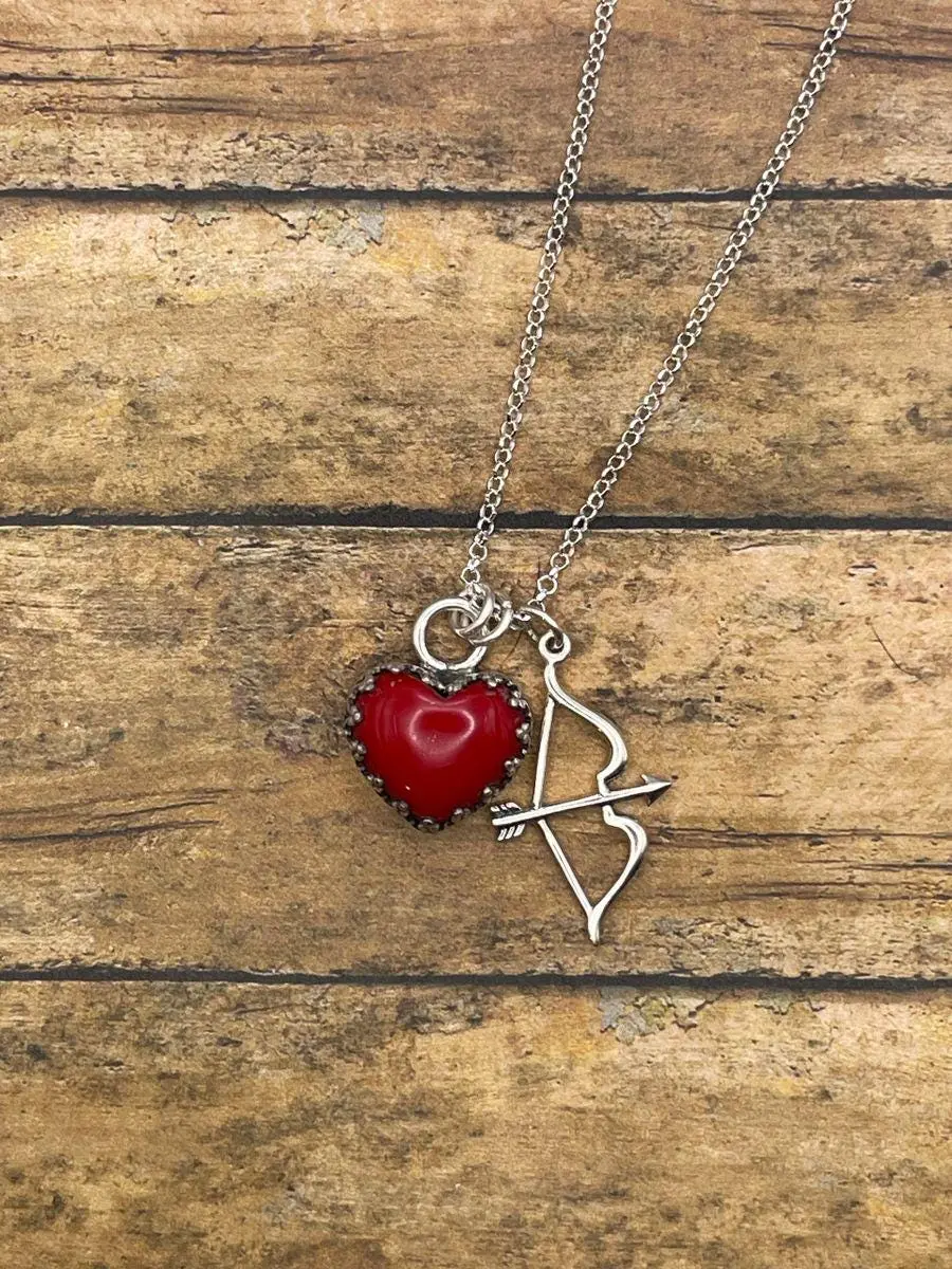 Rosie - Red Rosarita Heart With Bow And Arrow Charm Pendant Necklace 1