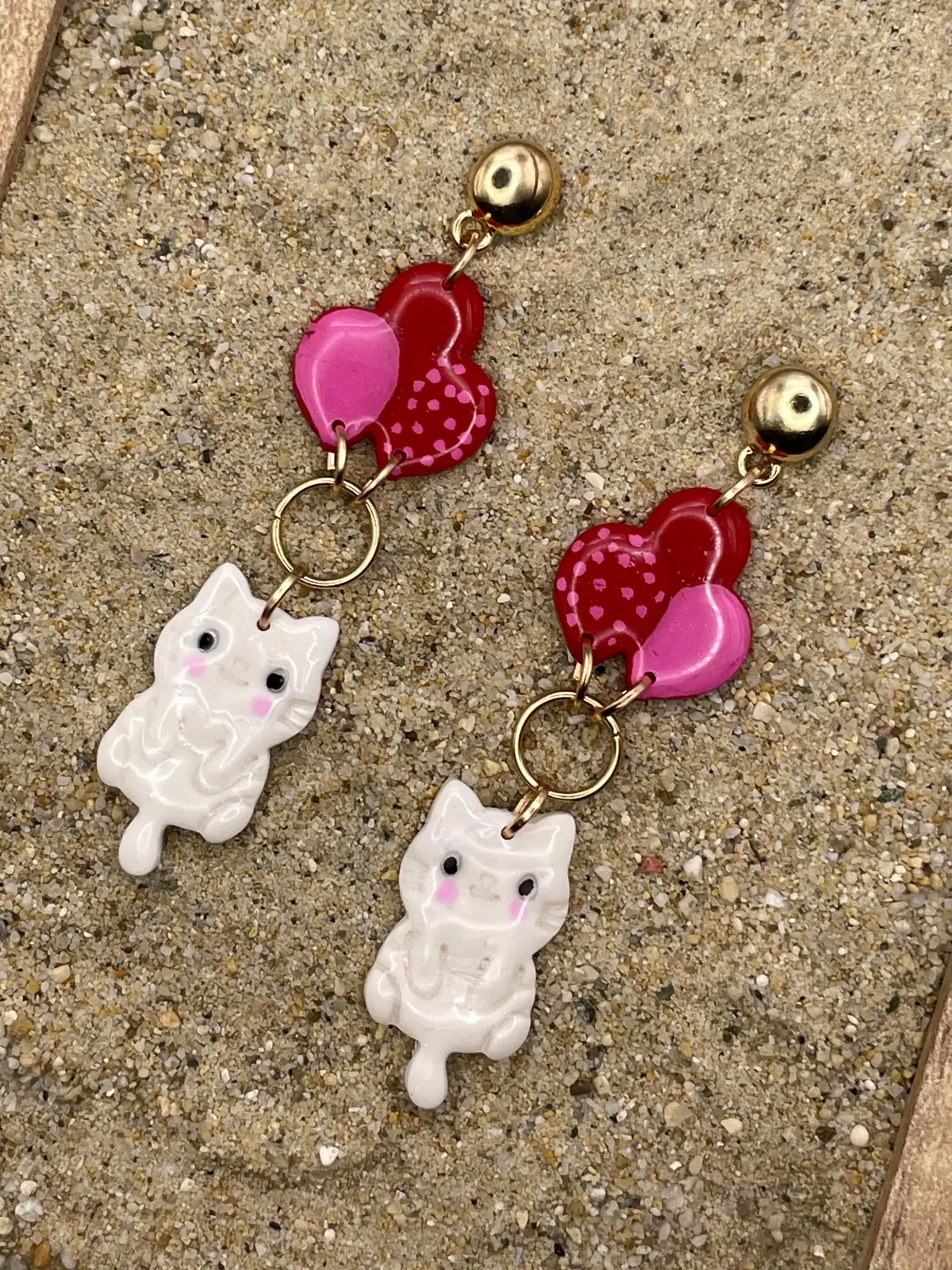Cat Lover Earrings - Kitty Hanging From Balloons: Handmade, Hand Painted Polymer Clay 1