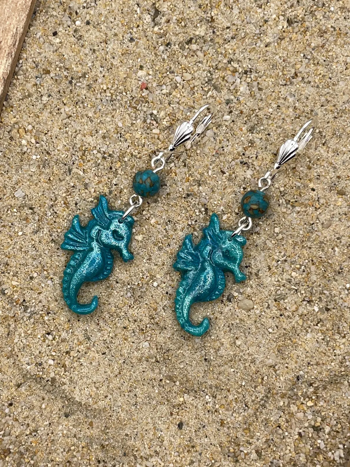 Ocean Lover - Shimmer Seahorse Earrings With Turquoise Beads: Handmade Polymer Clay 1