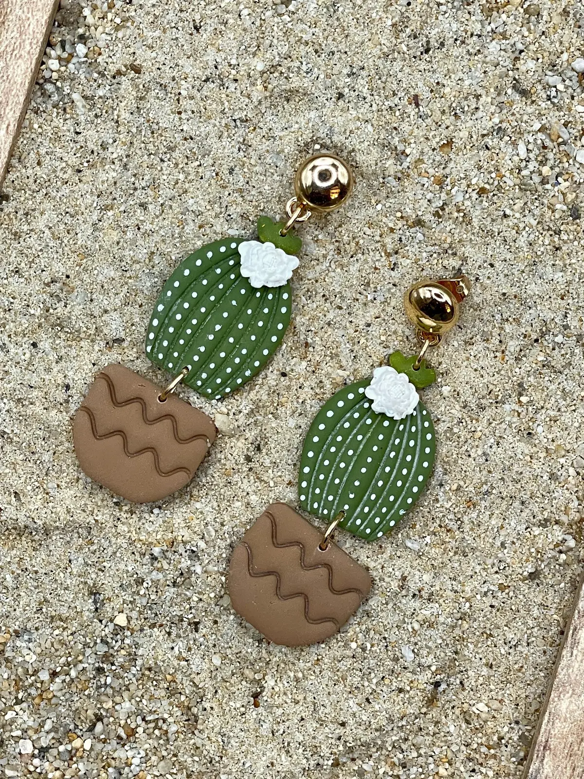 Joshua Tree - Barrel Cactus With White Flower Earrings: Handmade Polymer Clay 1